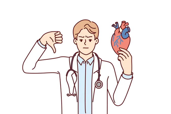 Man Doctor For Heart Disease Showing Thumb Down Recommending Taking Medication Or Leading Healthy Lifestyle Concept Negative Cardiac Tests For Patient And Poor Health Of Heart And Circulatory System Illustration