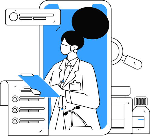 Doctor advising patient to take medicines on time through mobile application  Illustration