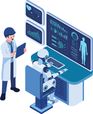 Doctor Analyzes Patient Health Data with AI Robot  Illustration