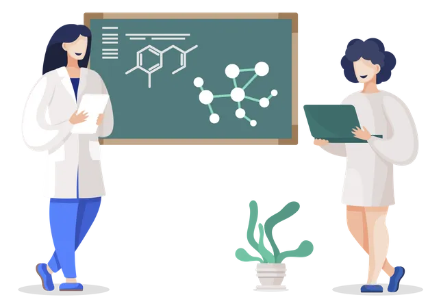 Doctor And Intern By Blackboard Explaining Results Of Experiment Professor And Student Of Chemical Faculty Chemist Showing Molecular Formula With Elements And Explanation Vector In Flat Style イラスト