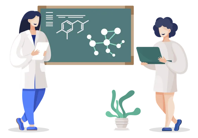 Doctor and intern by blackboard explaining results of experiment  Illustration