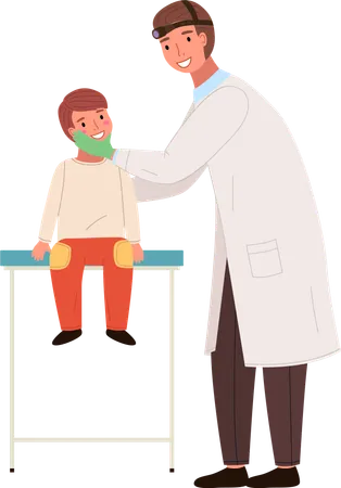The Otolaryngologist Looks At The Child Doctor And Kid Characters On Medical Examination ENT Holds The Boy By The Head To Check His Throat Doctor And Little Patient Isolated On White Background Illustration