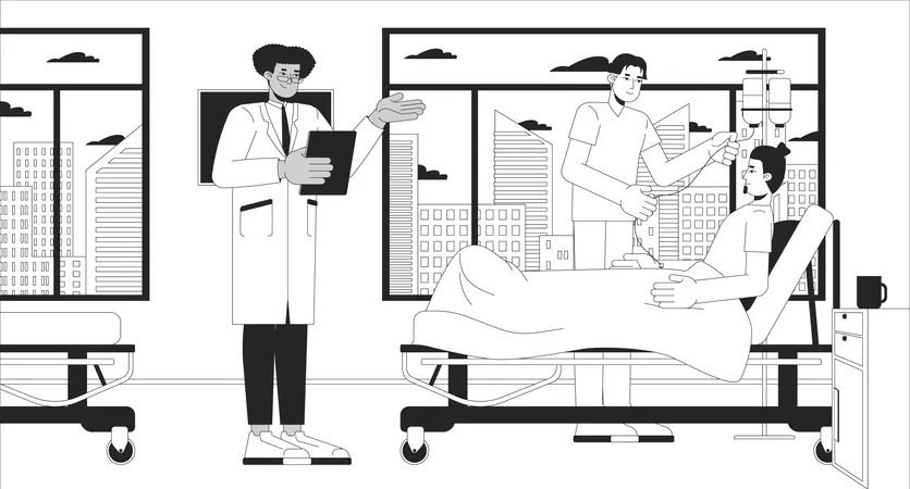 Doctor and nurse checking on patient on hospital bed  Illustration