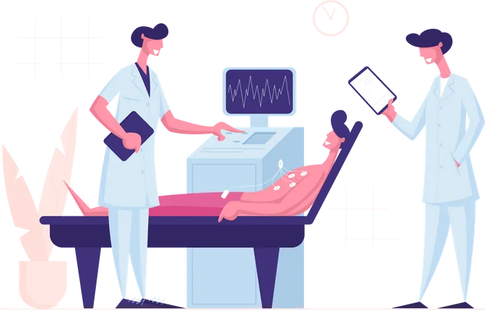 Doctor and Nurse Scanning Male Patient on Ultrasound Machine in Hospital  Illustration