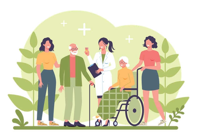 Doctor and nurses with aged patient Illustration