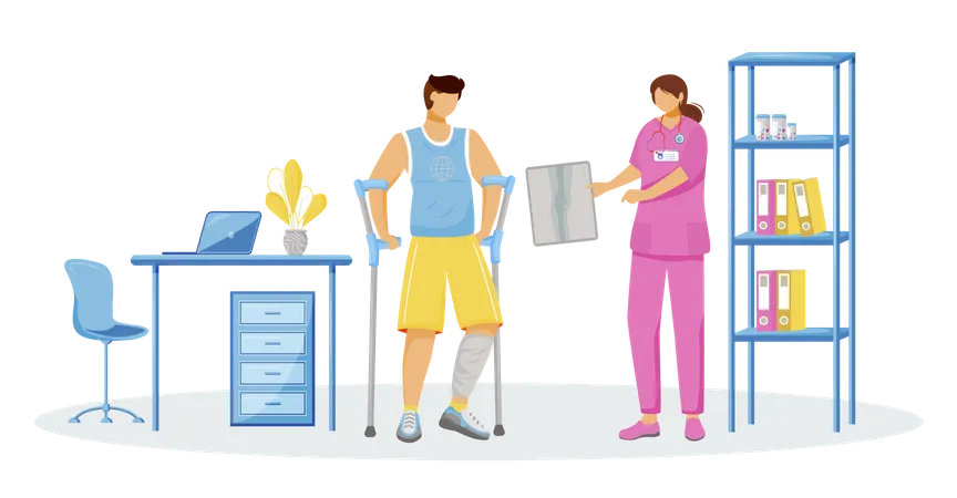 Doctor And Patient Flat Color Vector Faceless Characters Rehabilitation At Hospital Man With Cast On Leg Female Physician At Clinic Healthcare Treatment Isolated Cartoon Illustration Illustration