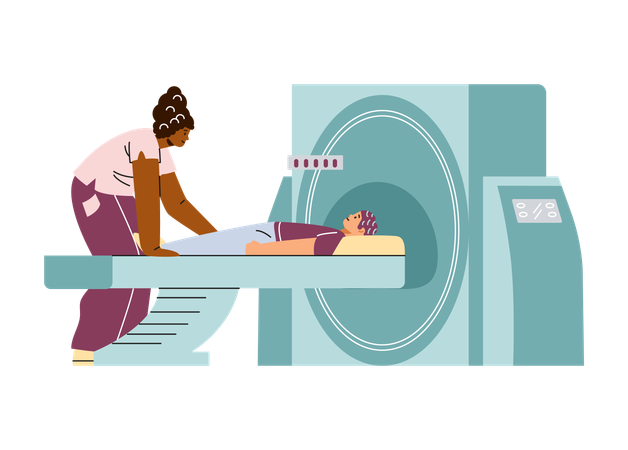 Doctor and small child patient and modern device for professional MRI  Illustration