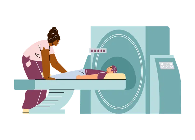 Doctor and small child patient and modern device for professional MRI  Illustration