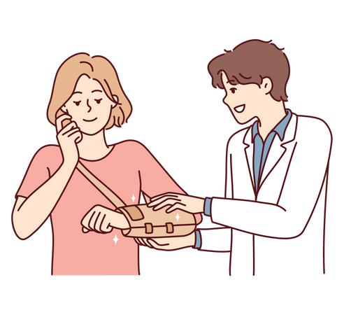 Doctor apply plaster to girls broken arm  Illustration