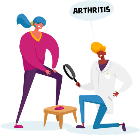 Doctor Arthrologist Character with Magnifying Glass Watch on Patient Arthritis Knee Illustration