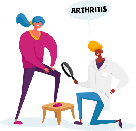 Doctor Arthrologist Character with Magnifying Glass Watch on Patient Arthritis Knee  Illustration