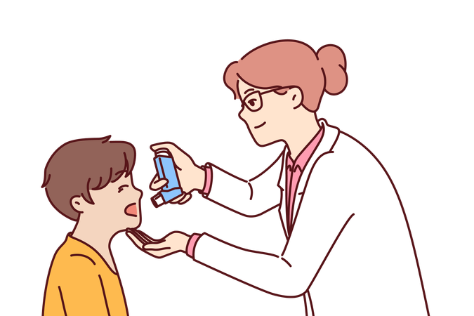 Doctor ayuda a niño con asma con inhalador  Ilustración