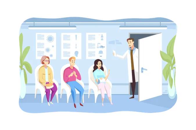 Doctor calls waiting people sitting in line in hospital hall to cabinet  Illustration