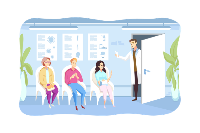 Doctor calls waiting people sitting in line in hospital hall to cabinet  イラスト