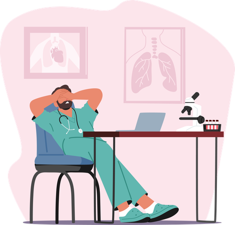 Doctor cansado y descorazonado se encorva en su oficina  Ilustración