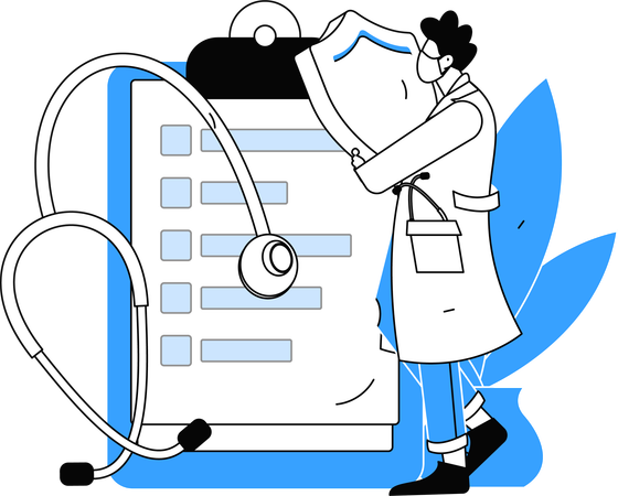 Doctor carefully reads medical report of patient  Illustration