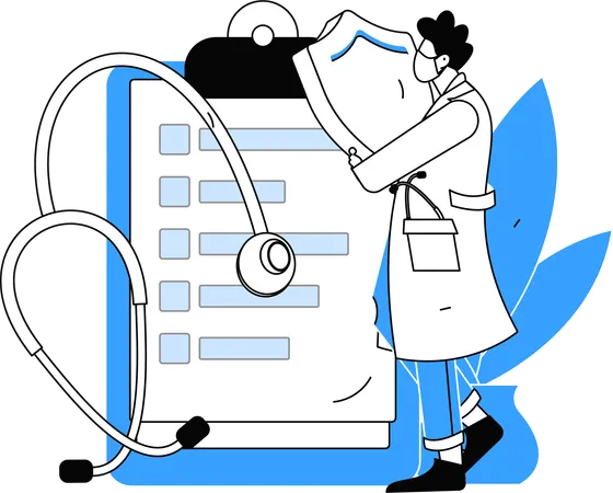 Doctor carefully reads medical report of patient  Illustration