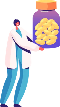 Doctor Character Carry Huge Bottle With Medicine Pills And Various Microbes Viruses And Bacteria Flying Around Illness Prevention Disease Treatment Pandemic Spreading Cartoon Vector Illustration 일러스트레이션
