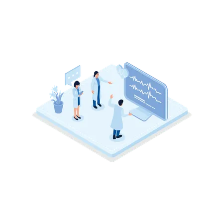 Doctor checking blood pressure and examine cardiogram and pulse on EKG monitor  Illustration