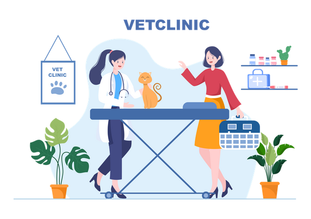 Doctor checking dog in Veterinary Clinic  Illustration