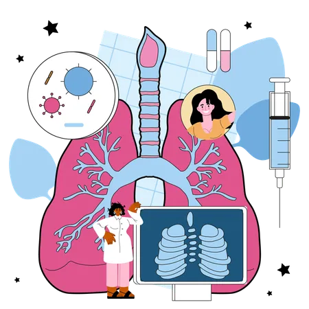 Tuberculosis Specialist Human Pulmonary System Diseases Diagnostic And Treatment Phthisiatrician Checking Human Lungs In Fluorography Flat Vector Illustration イラスト