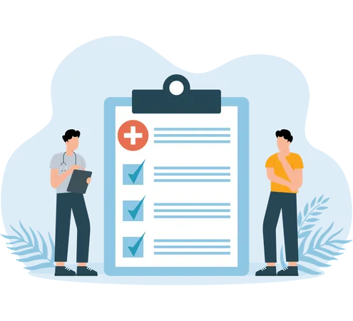 Doctor checking medical insurance report  Illustration