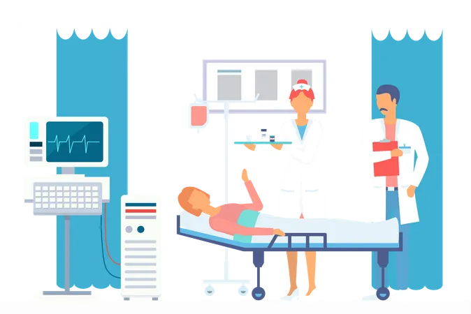 Doctor With Clipborad Checking Health Condition Of Woman Patient Lying On Bed Nurse Holding Tray With Containers With Tablets Or Pills Treatment In Hospital Woman After Surgery Electrocardiograph Illustration