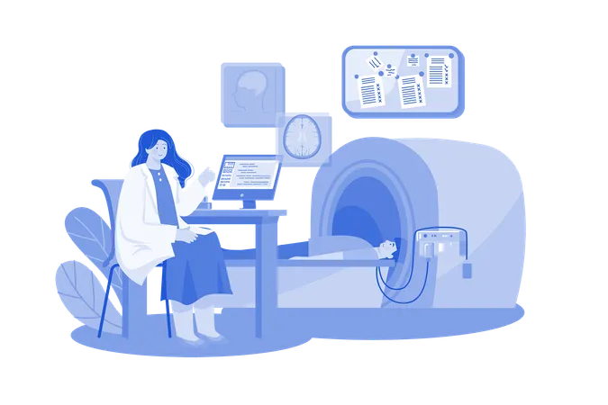 Doctor Checking Patient Health Using MRI Machine Illustration