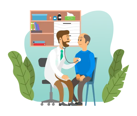 Consultation With A Practitioner Cardiologist In Clinic Office Health Check With A Stethoscope The Doctor Examines The Patient Ready To Help Cartoon Characters Therapist Listens To The Heartbeat Illustration