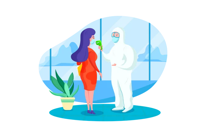 Doctor checking patient temperature with temperature gun  Illustration