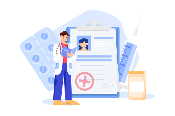 Doctor checking patient's report Illustration