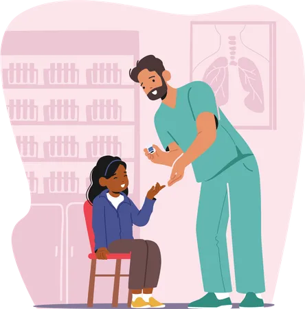 Doctor Checks Childs Glucose Using Glucometer On Finger For Diabetes Monitoring Little Patient Girl Character At Appointment In Hospital Or Clinic For Health Checkup Cartoon Vector Illustration Illustration