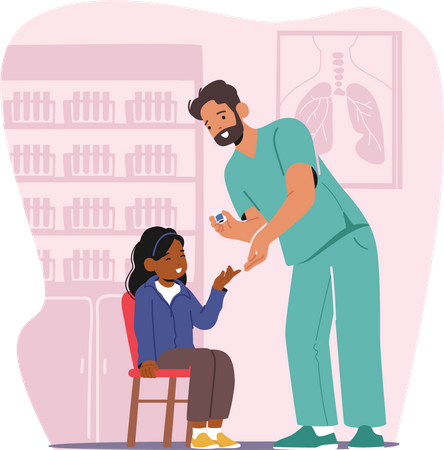 Doctor Checks Child Glucose Using Glucometer On Finger For Diabetes Monitoring  Illustration