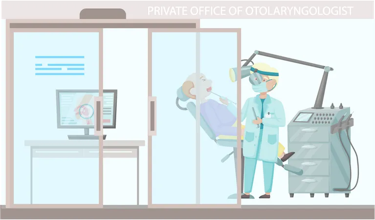 Otolaryngologist Doctor With Nose Ear And Throat Or ENT Diagnostic And Treatment Instruments Otology Doctor With Patient Otorhinolaryngology Healthcare Medicine Or Otolaryngology Diseases イラスト