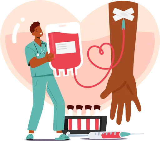 Doctor Character Collect Donated Blood Into Plastic Bag Process Of Donating Involves Screening Testing And Collection Blood Can Save Lives In Need Of Transfusion Cartoon People Vector Illustration Illustration