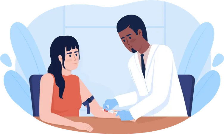 Doctor Collecting Patient Blood Sample From Vein 2 D Vector Isolated Illustration Medical Tests Flat Characters On Cartoon Background Clinic Colourful Scene For Mobile Website Presentation Illustration