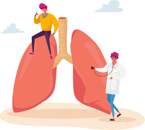 Médico con estetoscopio revisando pulmones enfermos  Ilustración