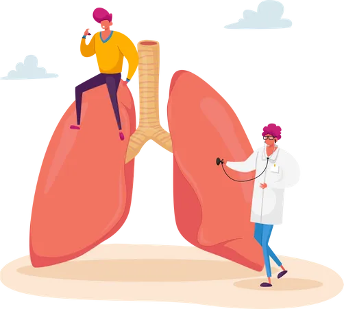 Médico con estetoscopio revisando pulmones enfermos  Ilustración