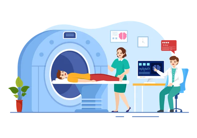 MRI Or Magnetic Resonance Imaging Illustration With Doctor And Patient On Medical Examination And CT Scan In Flat Cartoon Hand Drawn Templates イラスト