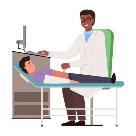 Doctor Conducts An Ultrasound Of Patient S Abdominal Cavity Boy On Consultation At The Hospital Gastroenterologist Examines The Belly Of A Young Guy Physician Works At Clinic With Special Equipment Illustration