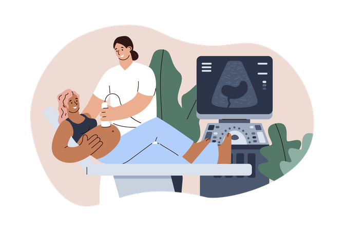 Doctor conducts ultrasound exam of pregnant woman  イラスト