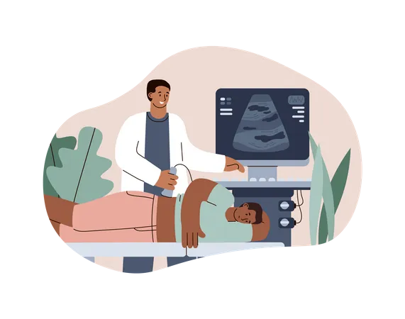 Doctor Conducts An Ultrasound Examination Of The Internal Organs Of The Patient In Order To Diagnose Diseases Flat Vector Illustration Isolated On White Background イラスト