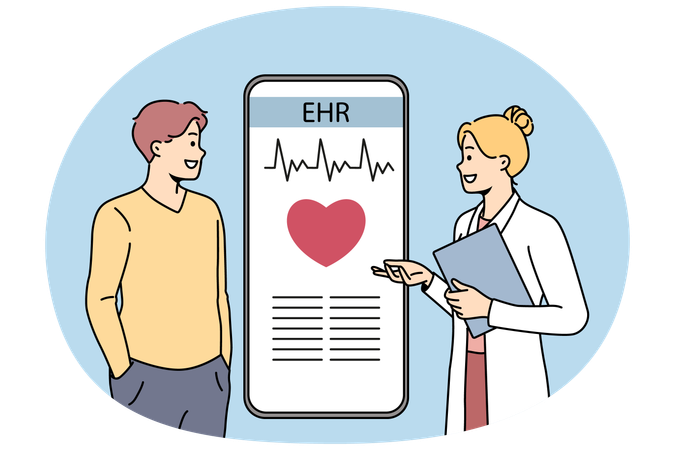 Doctor consult patient about EHR on cellphone  Illustration