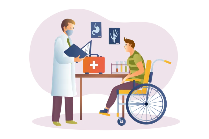 Doctor consulting with disabled man Illustration