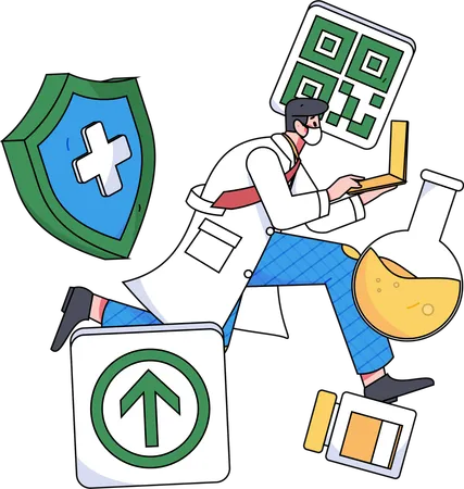 Doctor corriendo con computadora portátil mientras brinda servicio médico en línea  Ilustración