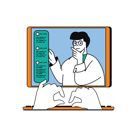 Doctor dando consejos en línea al paciente  Ilustración