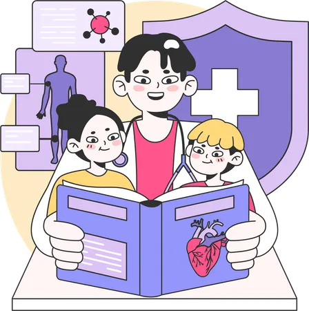 Doctor dando educación médica a niños  Ilustración