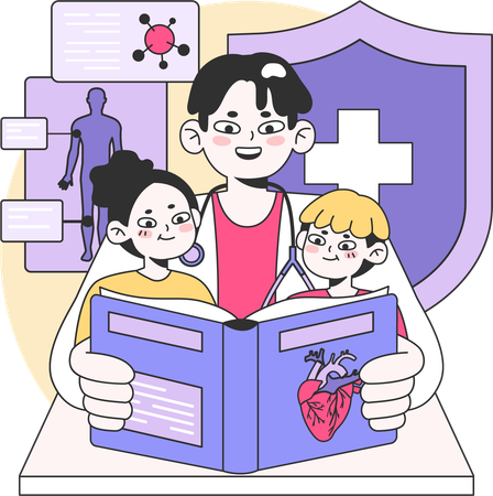 Doctor dando educación médica a niños  Ilustración
