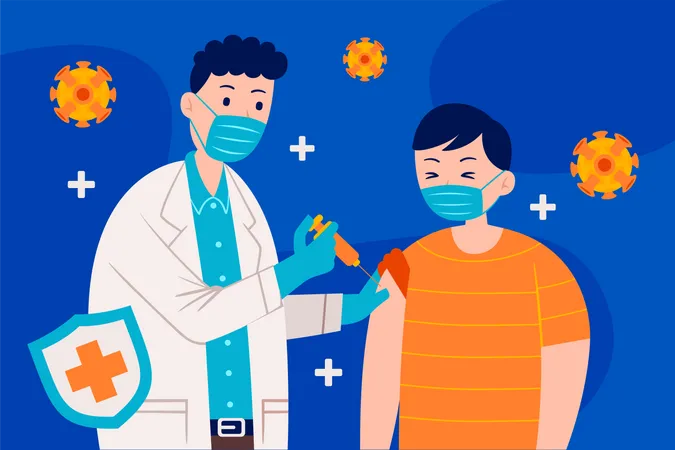 Doctor dándole la vacuna corona a un niño  Ilustración
