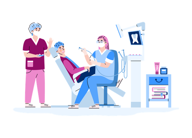 Doctor dentist and nurse treating tooth of man  Illustration